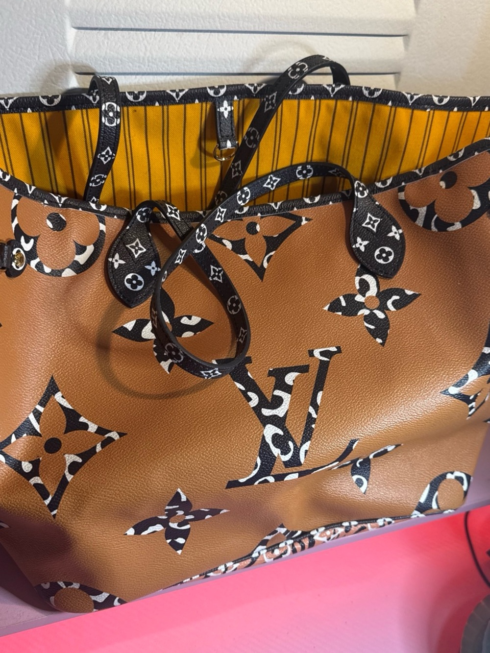 Louis Vuitton Tan Monogram Canvas Tote with Yellow Stripe Lining